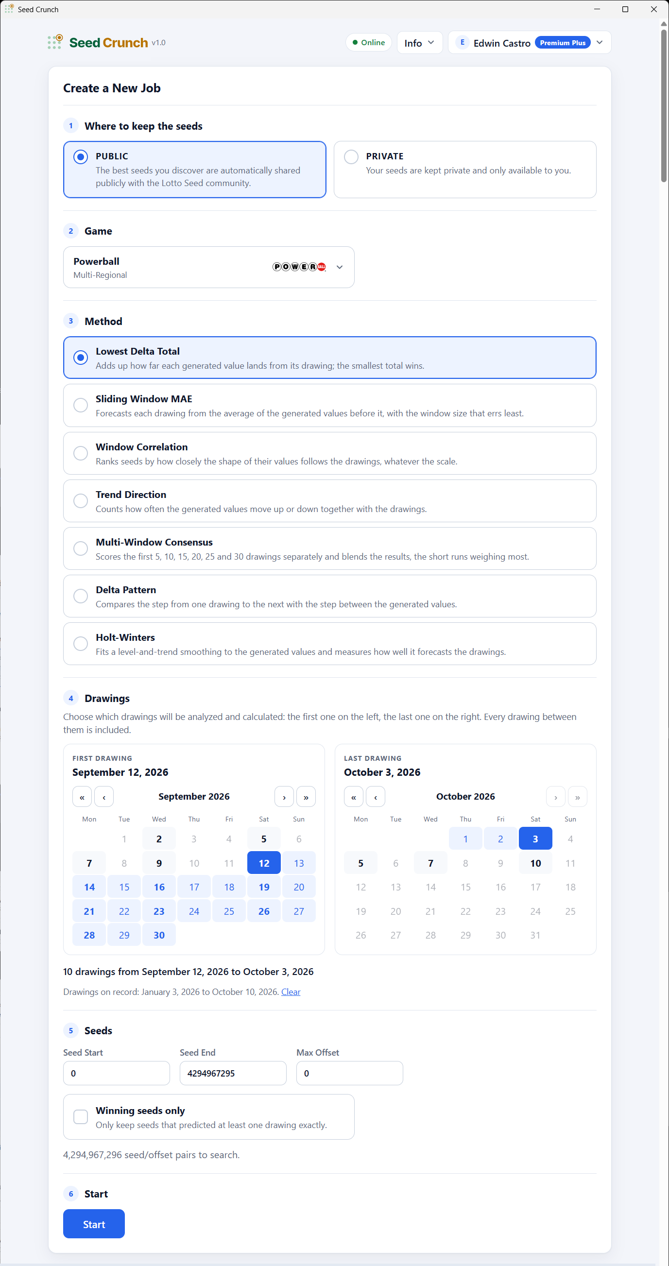 The Seed Crunch Create a New Job screen with its six steps