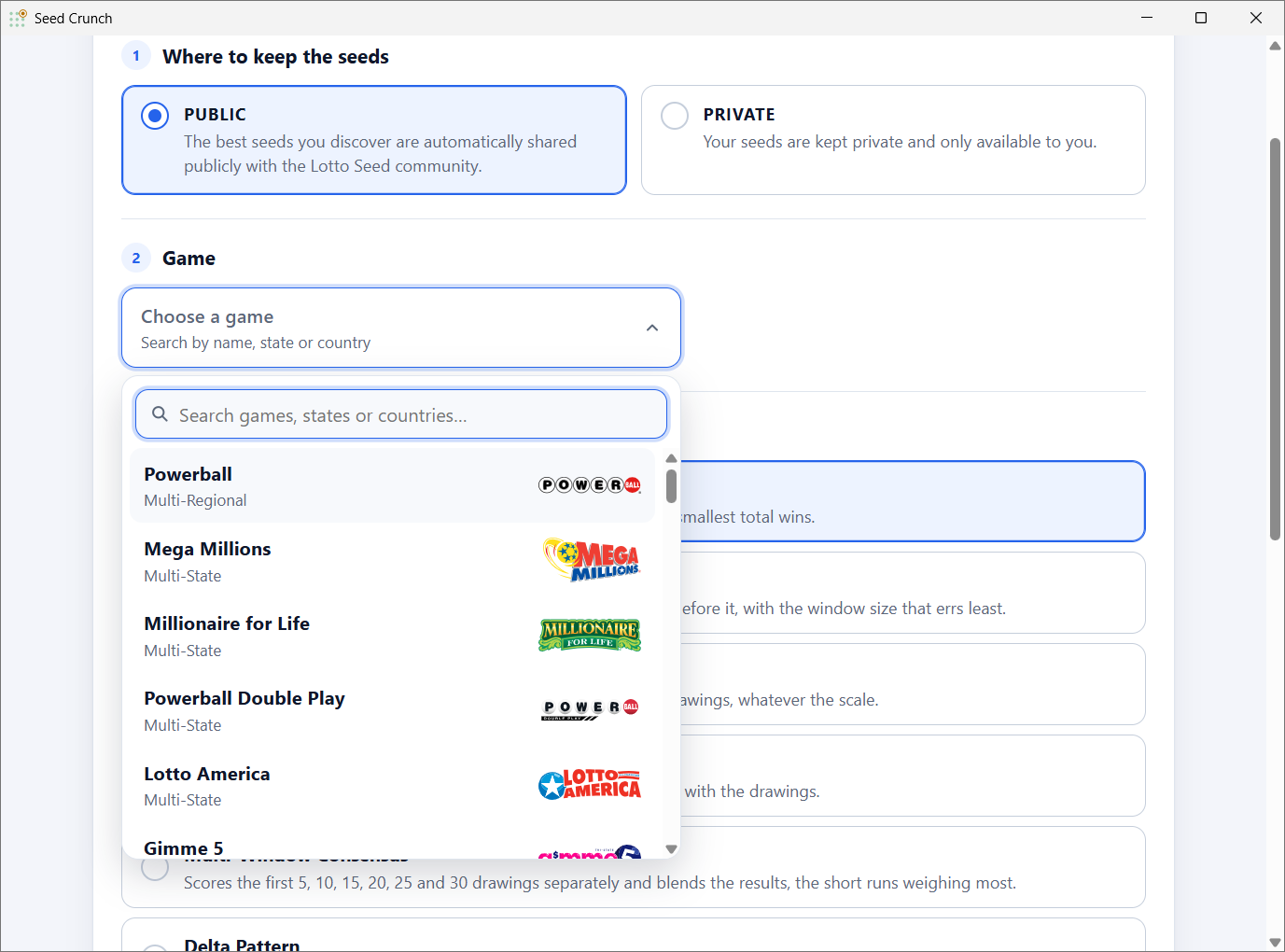 The game list open, with a search field and each game's region